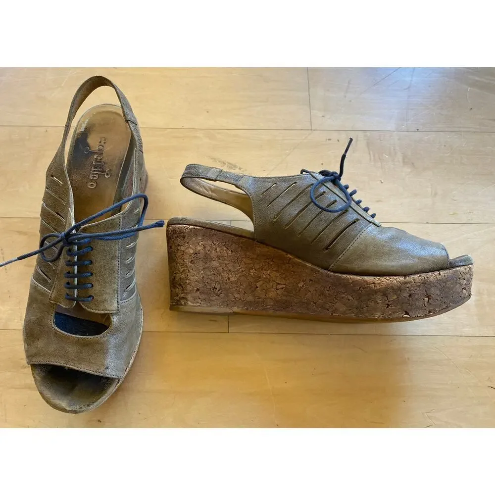 COCLICO Pierced Leather Lace Up Cork Platform Wedge Tie Sandals Brown 37 7 $395